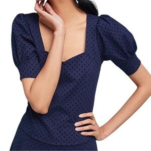 Anthropologie Maeve Sevigny Short Puffy Sleeve Textured Polka Dot Top XL Navy